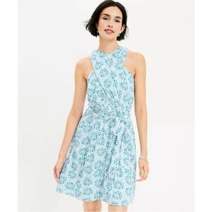 Ann Taylor LOFT Floral Blooms Pleated Halter A-Line Dress Blue
